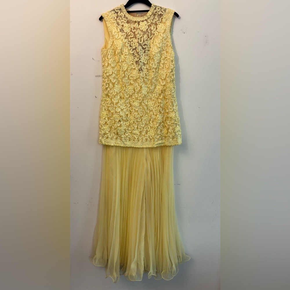 Vintage Jack Bryan Yellow Lace & Pleated Wide-Leg Jumpsuit